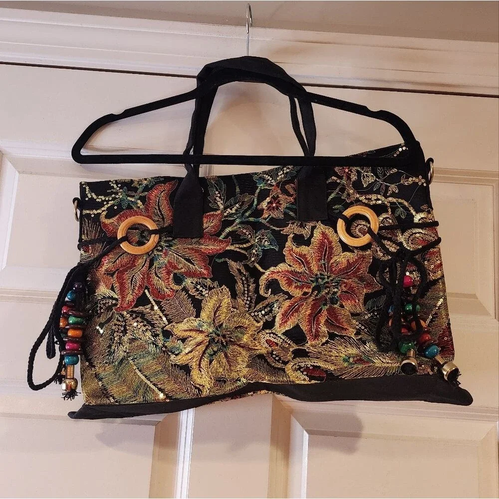 Vintage Embroidery new in bag black peacock sequin shoulder bag